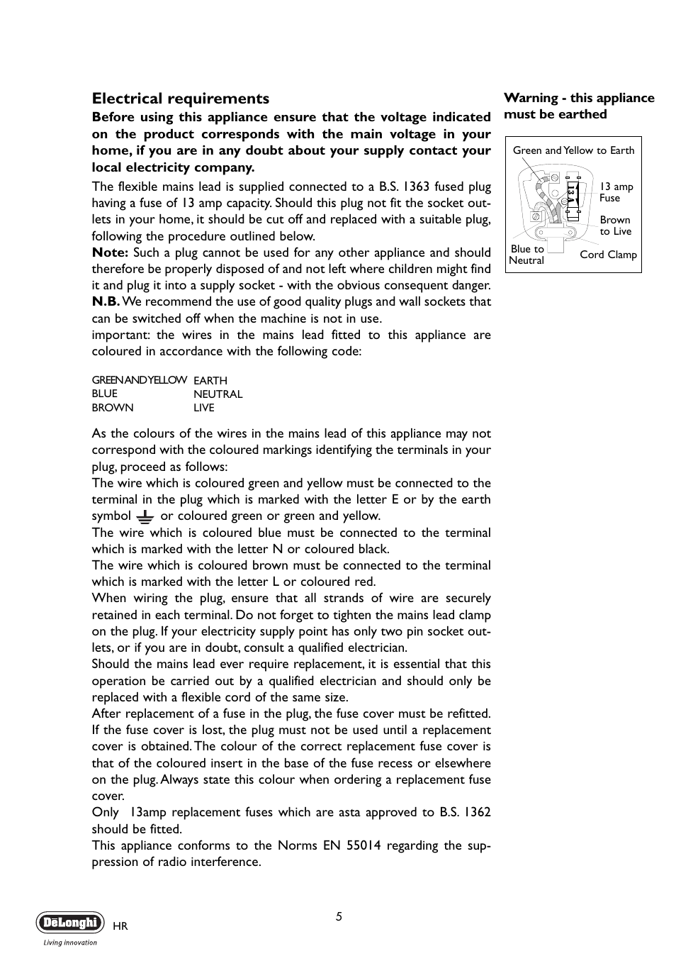 Electrical requirements | DeLonghi HR720B User Manual | Page 5 / 6