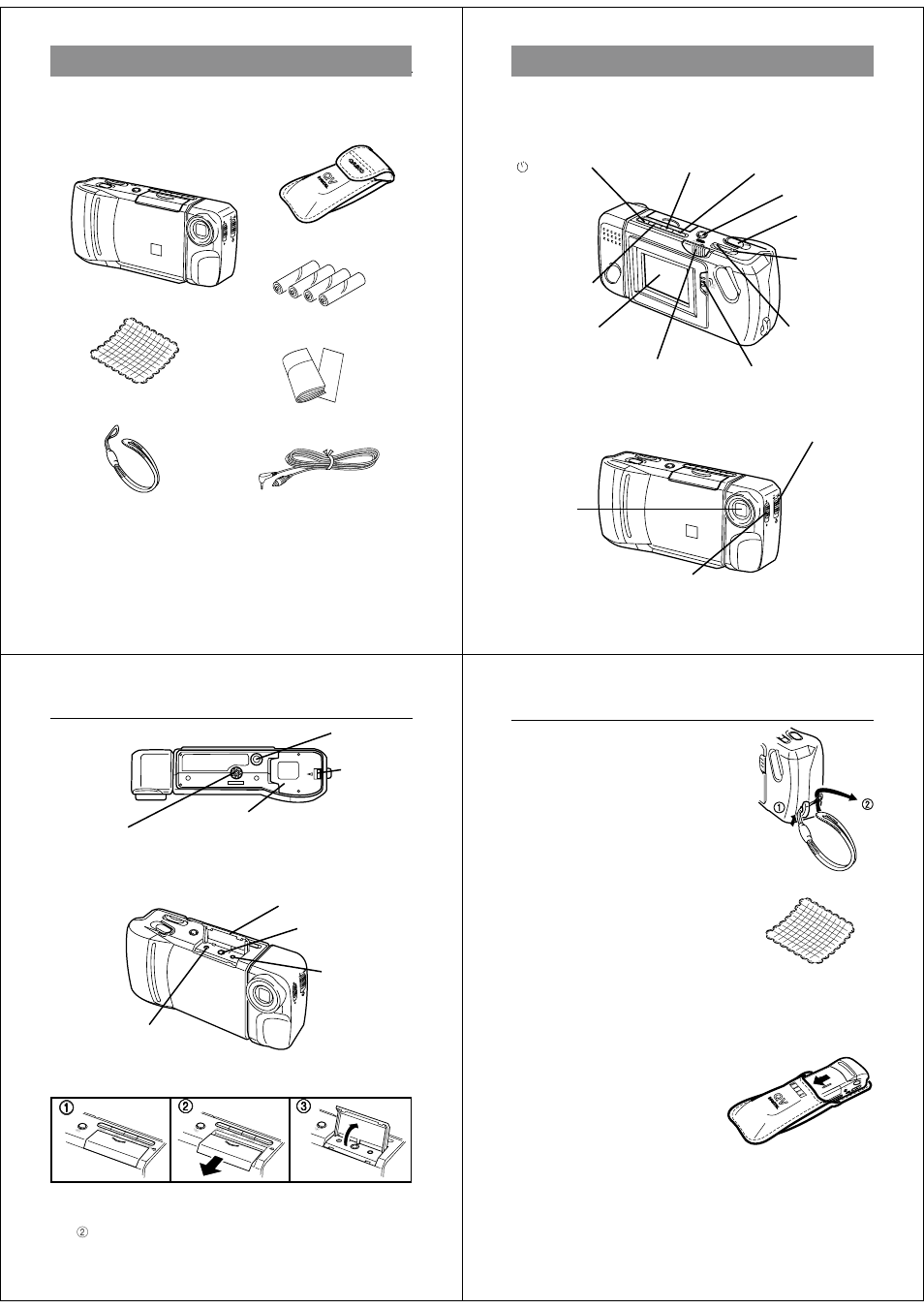 Unpacking, General guide, Top and display | Lens, Bottom, Terminals, De l on /o ff mo de dis p po we r, Opening the terminal panel cover, Connecting the wrist strap, Using the cleaning cloth | Casio QV-200. User Manual | Page 3 / 19