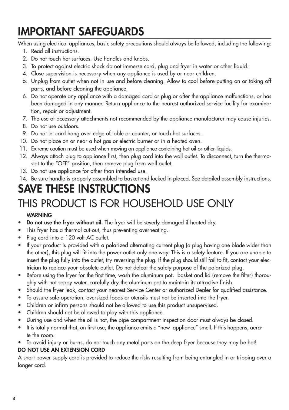 Important safeguards, Save these instructions, This product is for household use only | DeLonghi D677UX User Manual | Page 4 / 10