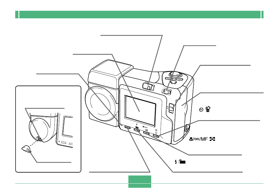 Back, E-19, Flash/folder) button | Focus/ nine images) button, Self-timer/delete) button, Shift info (shift/ information) button, Rec/play selector, Zoom slider, Monitor screen, Operation lamp | Casio QV-2300UX User Manual | Page 19 / 151