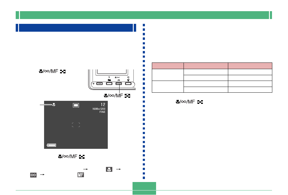 Selecting the focus mode, Using the auto focus mode, E-55 using the auto focus mode | Casio QV-2300UX User Manual | Page 55 / 151