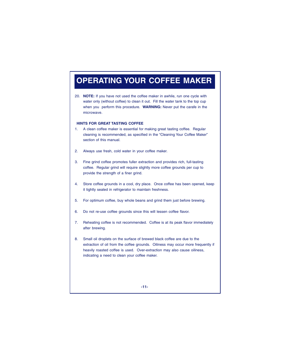 Operating your coffee maker | DeLonghi DCM900 User Manual | Page 11 / 58