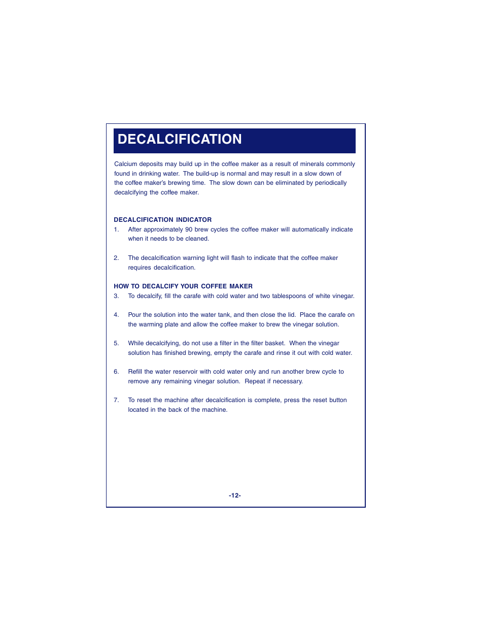 Decalcification | DeLonghi DCM900 User Manual | Page 12 / 58