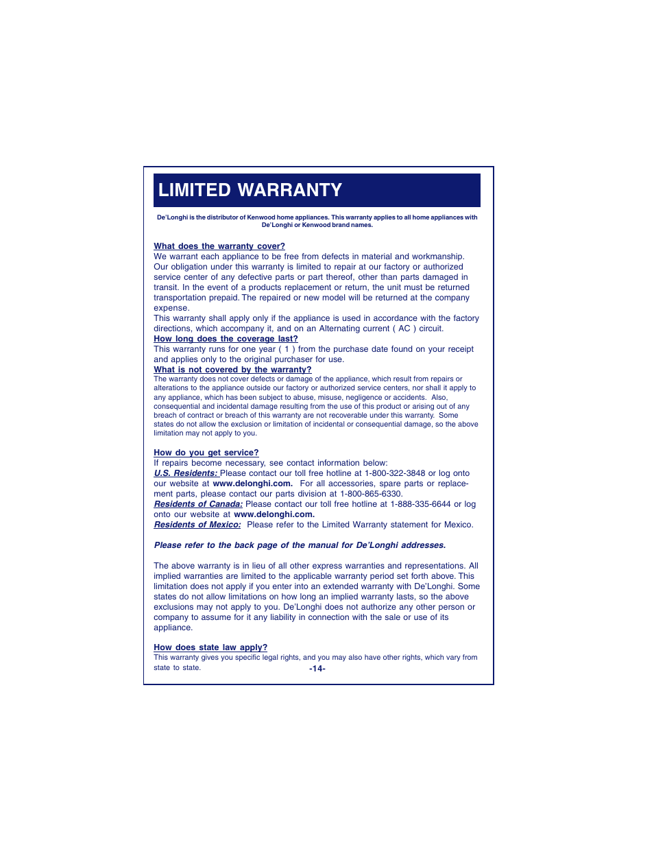 Limited warranty | DeLonghi DCM900 User Manual | Page 14 / 58