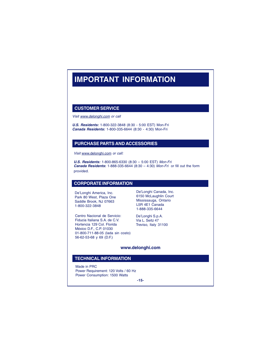Important information | DeLonghi DCM900 User Manual | Page 15 / 58