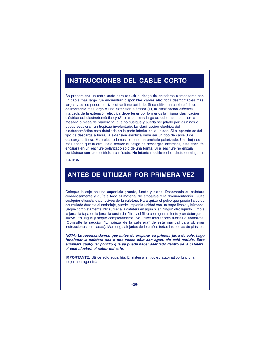 Instrucciones del cable corto, Antes de utilizar por primera vez | DeLonghi DCM900 User Manual | Page 20 / 58