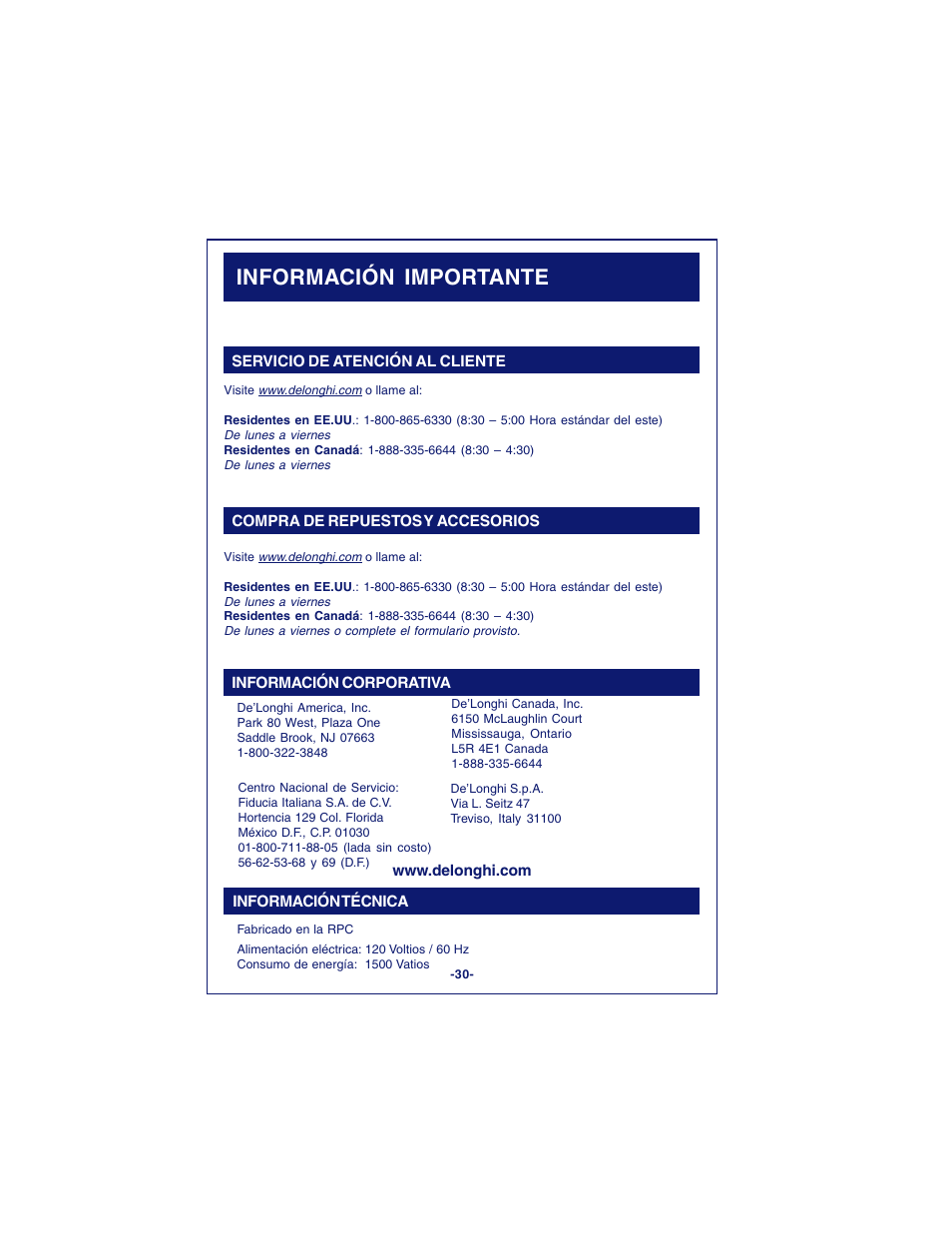 Información importante | DeLonghi DCM900 User Manual | Page 30 / 58