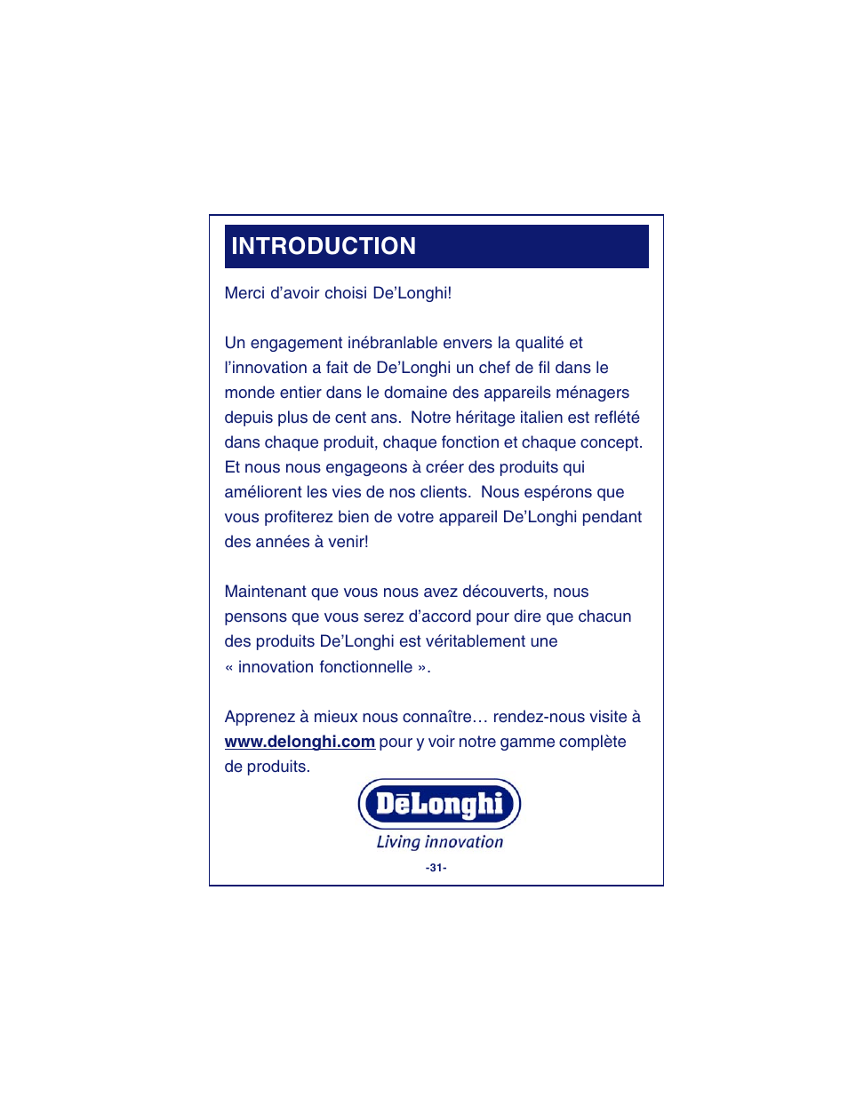 Introduction | DeLonghi DCM900 User Manual | Page 31 / 58