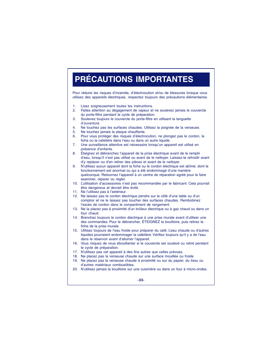 Précautions importantes | DeLonghi DCM900 User Manual | Page 33 / 58