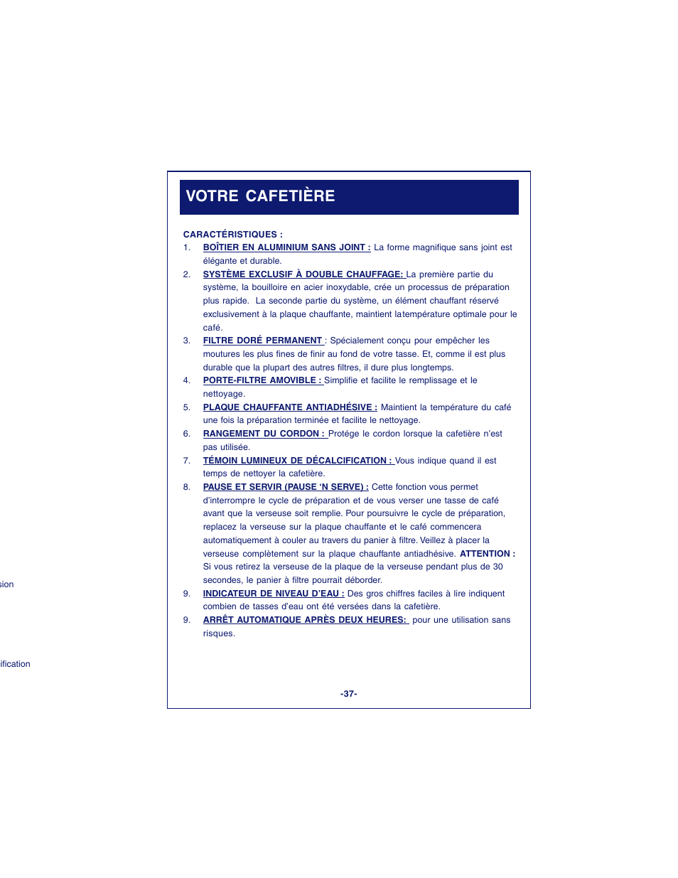 Votre cafetière | DeLonghi DCM900 User Manual | Page 37 / 58