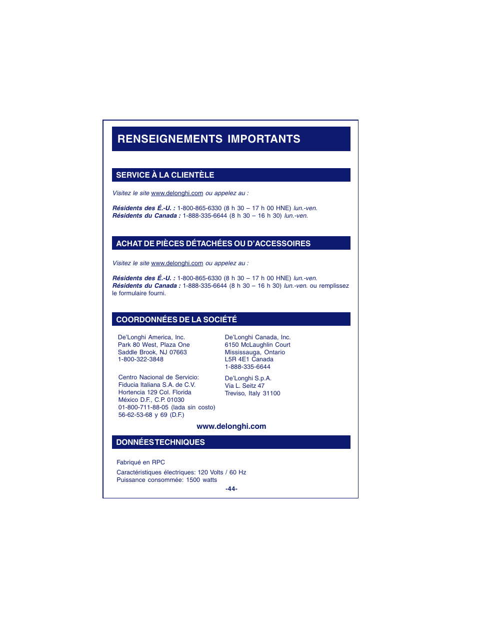 Renseignements importants | DeLonghi DCM900 User Manual | Page 44 / 58