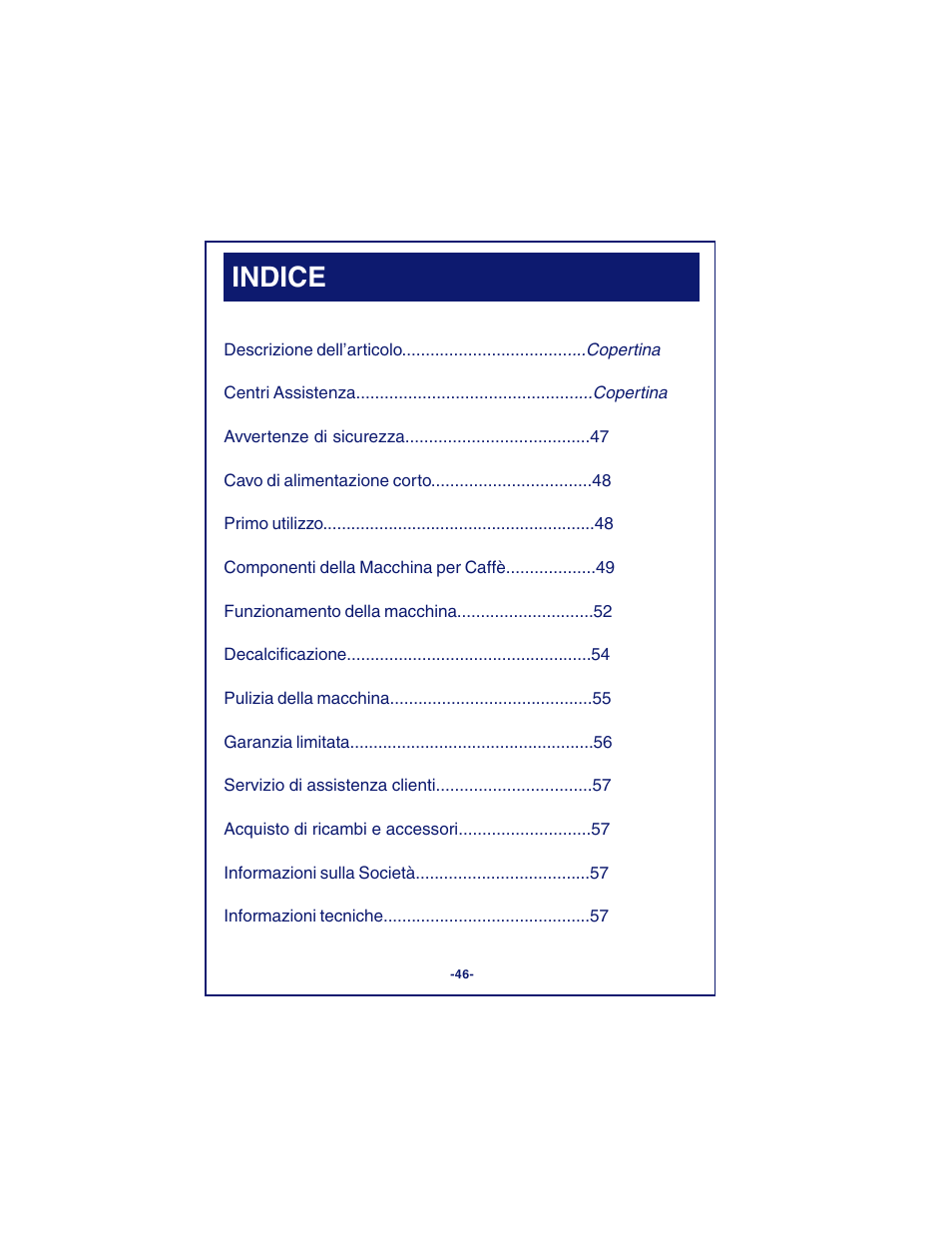 Indice | DeLonghi DCM900 User Manual | Page 46 / 58
