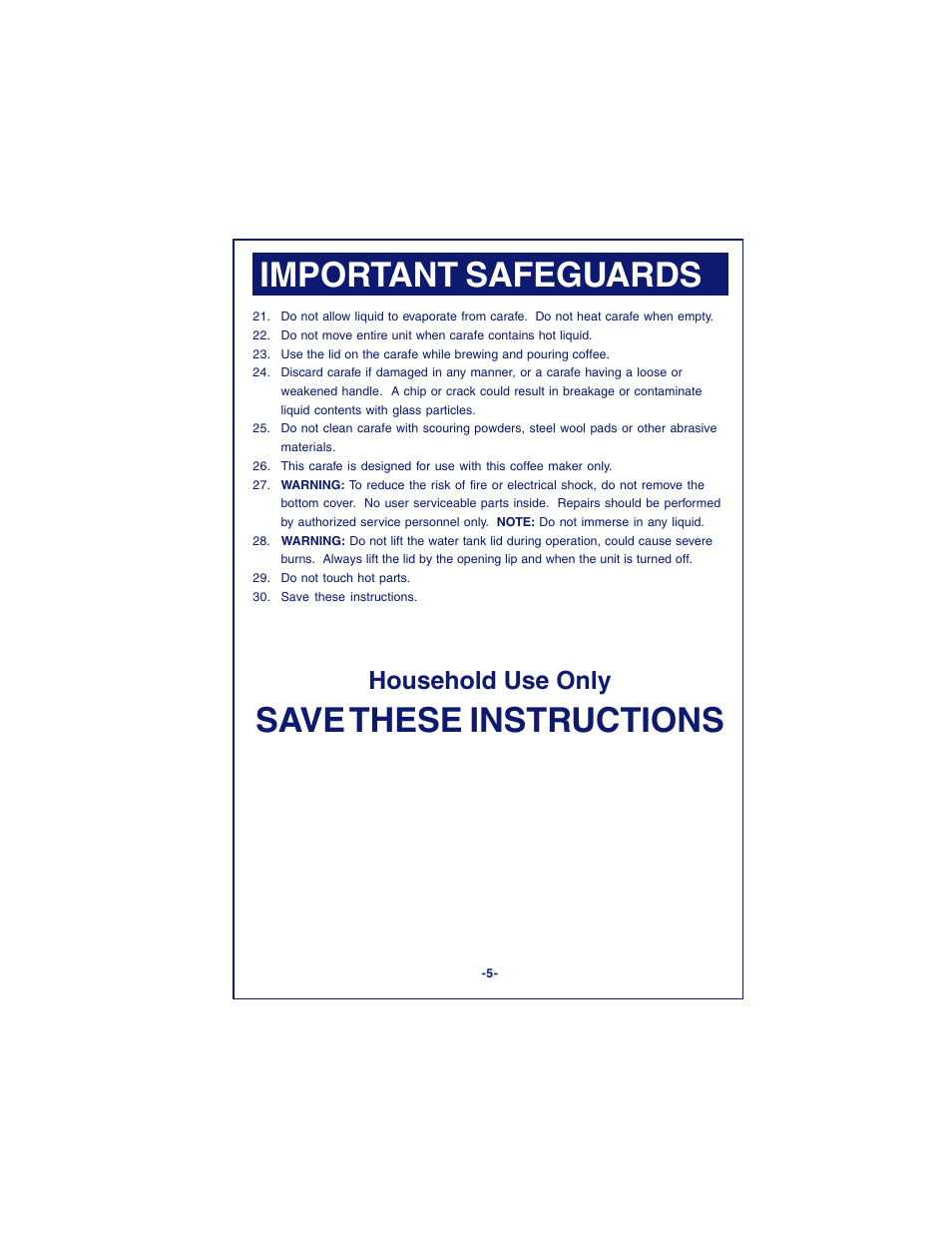 Save these instructions, Important safeguards, Household use only | DeLonghi DCM900 User Manual | Page 5 / 58