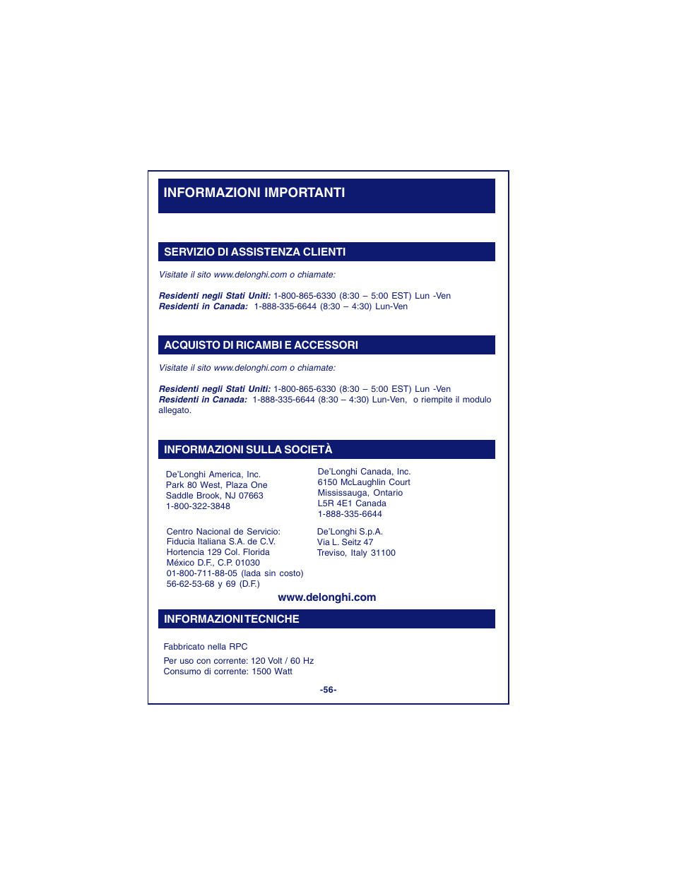 Informazioni importanti | DeLonghi DCM900 User Manual | Page 56 / 58