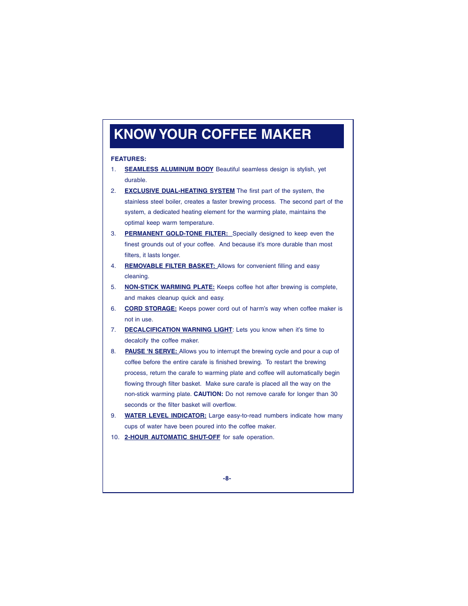 Know your coffee maker | DeLonghi DCM900 User Manual | Page 8 / 58