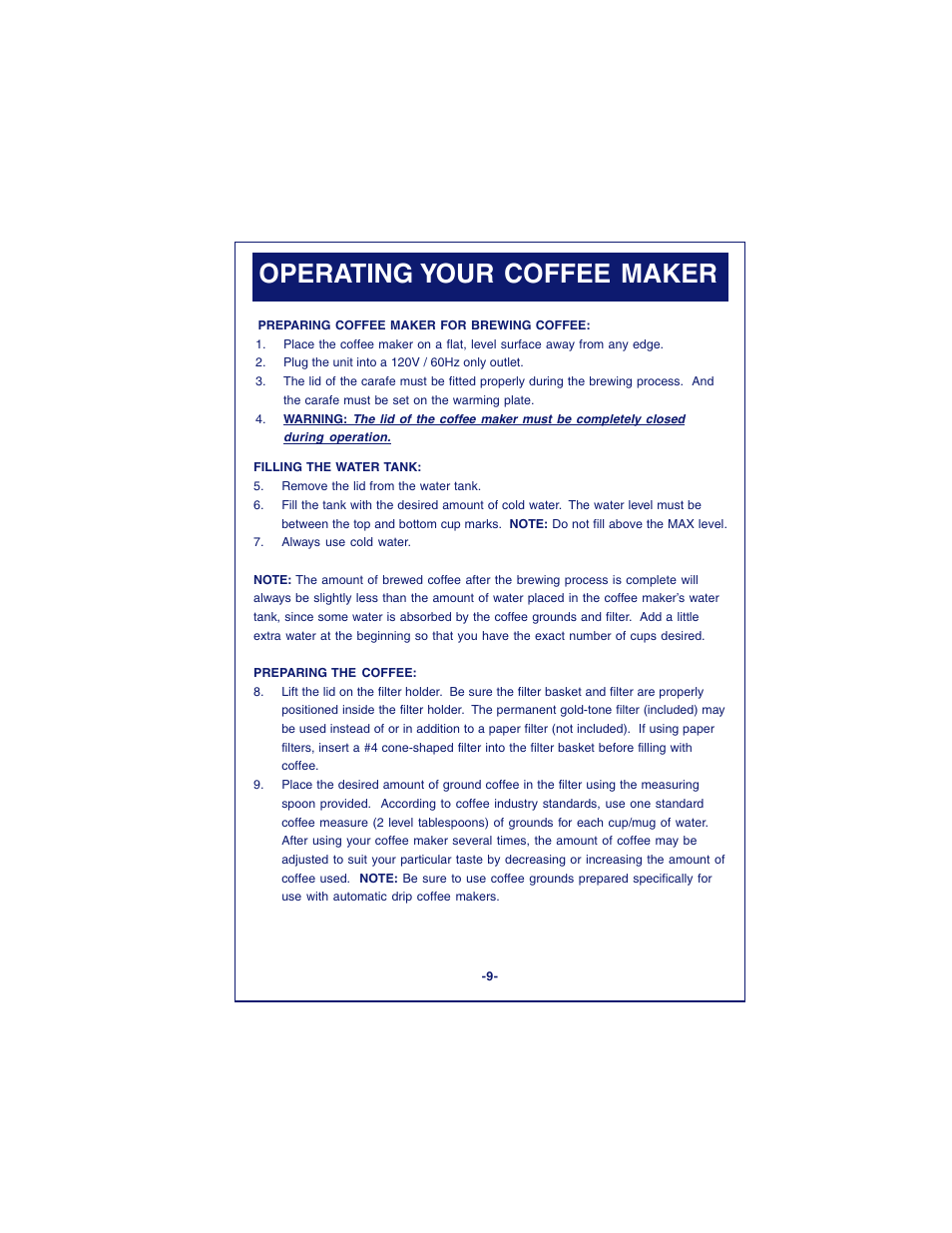 Operating your coffee maker | DeLonghi DCM900 User Manual | Page 9 / 58