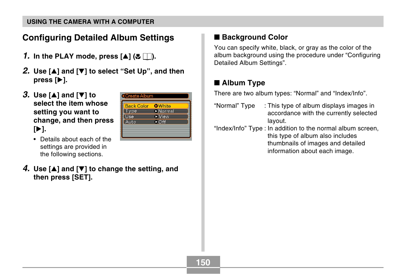 150 configuring detailed album settings 1 | Casio QV-R40 7 User Manual | Page 34 / 59