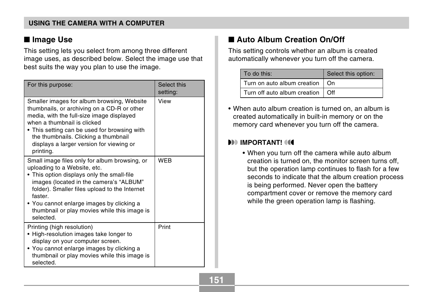 Auto album creation on/off, Image use | Casio QV-R40 7 User Manual | Page 35 / 59