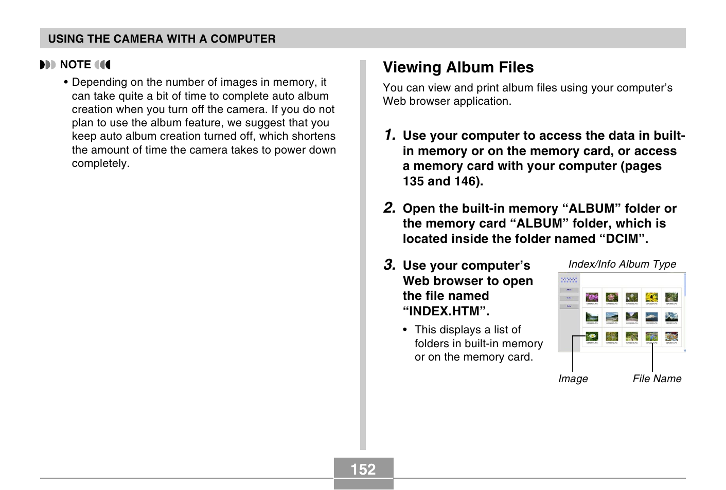 152 viewing album files | Casio QV-R40 7 User Manual | Page 36 / 59