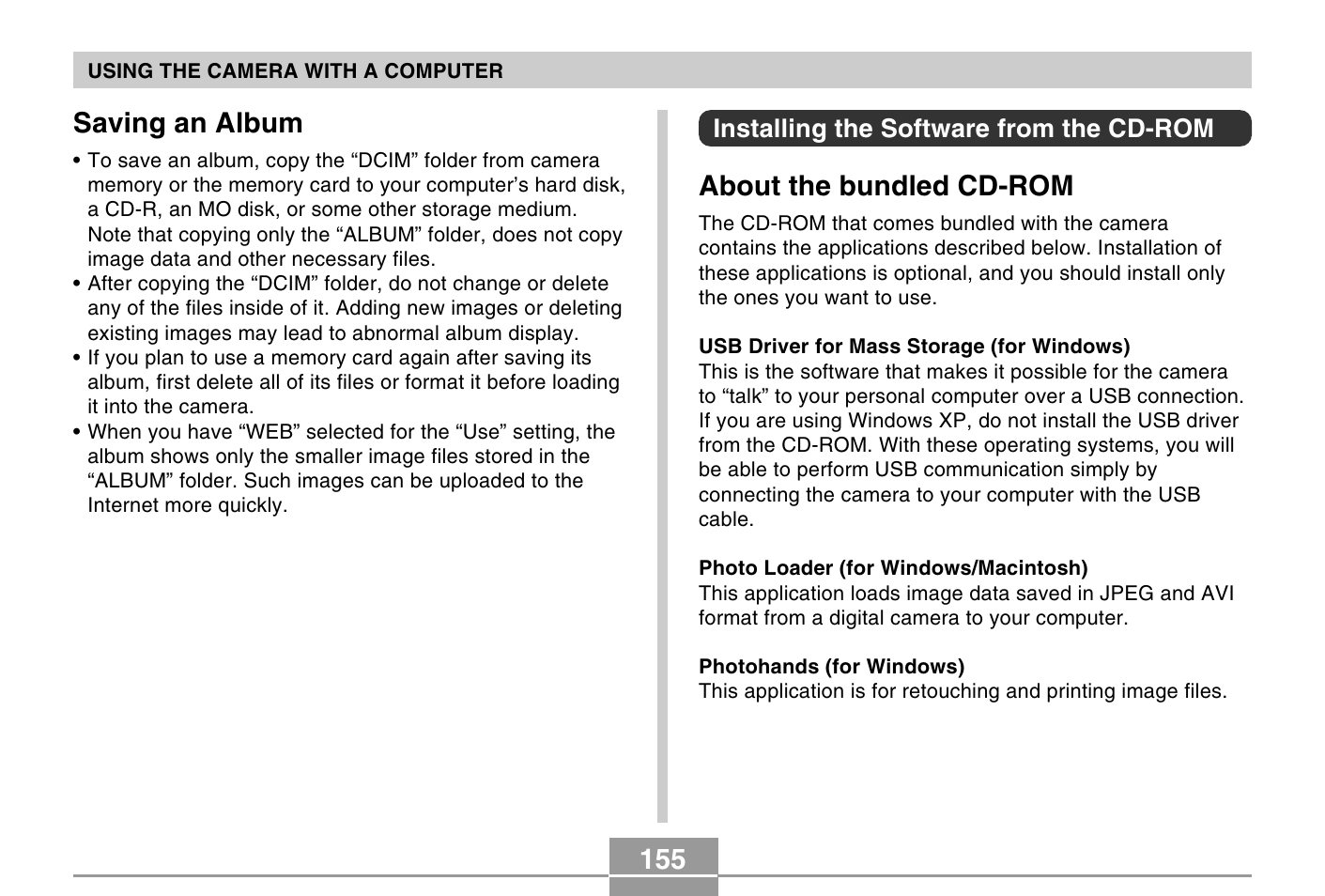 About the bundled cd-rom, Saving an album, Installing the software from the cd-rom | Casio QV-R40 7 User Manual | Page 39 / 59