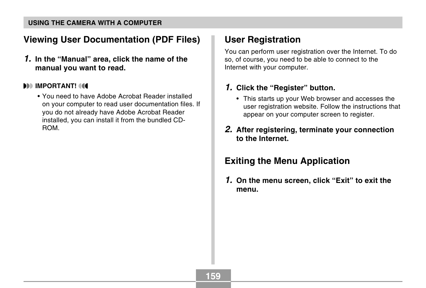159 user registration, Exiting the menu application 1, Viewing user documentation (pdf files) 1 | Casio QV-R40 7 User Manual | Page 43 / 59