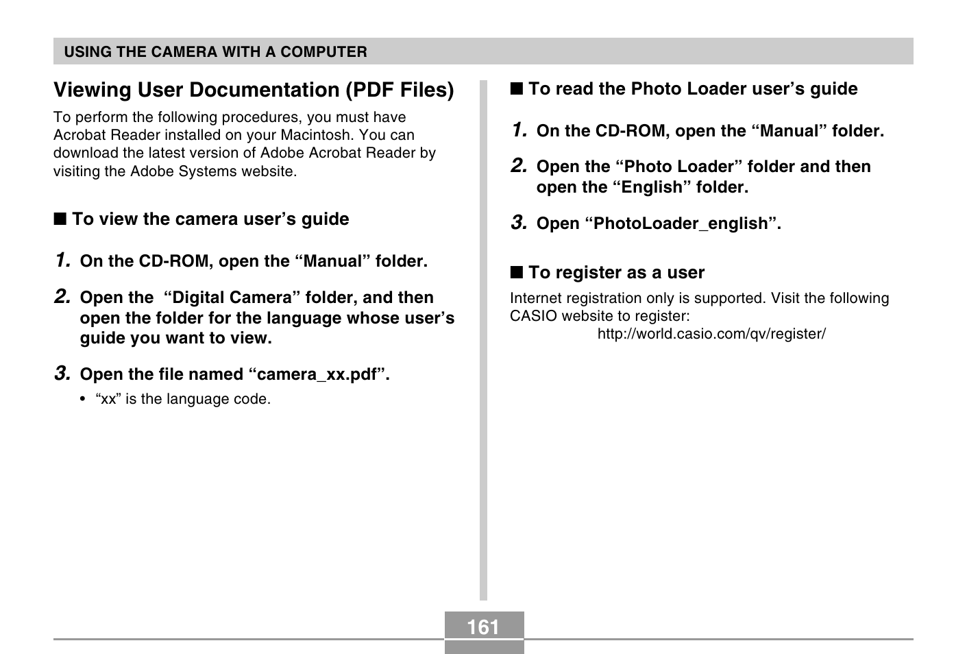 161 viewing user documentation (pdf files) | Casio QV-R40 7 User Manual | Page 45 / 59
