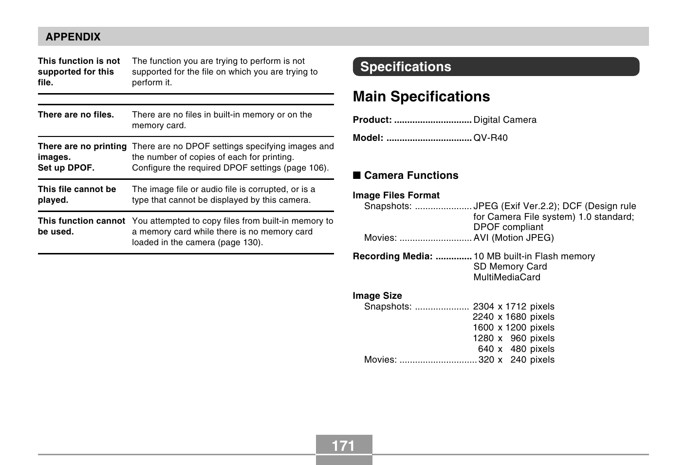 Main specifications, Specifications | Casio QV-R40 7 User Manual | Page 55 / 59