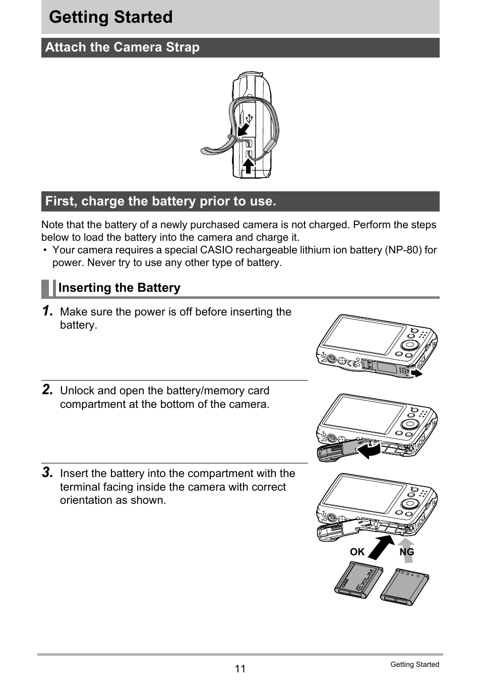 Getting started, Attach the camera strap, First, charge the battery prior to use | Casio QV-R80 User Manual | Page 11 / 94