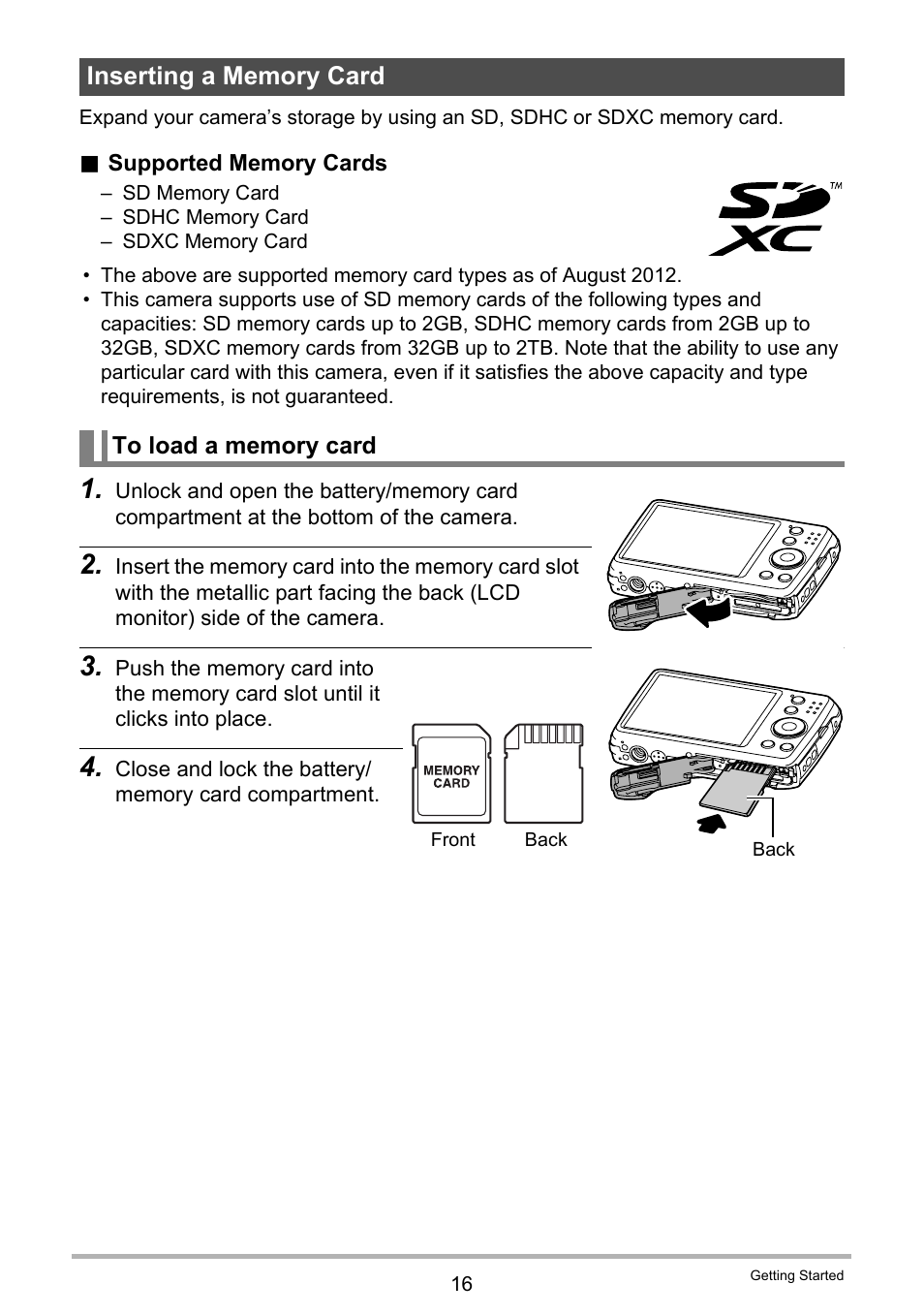 Inserting a memory card | Casio QV-R80 User Manual | Page 16 / 94