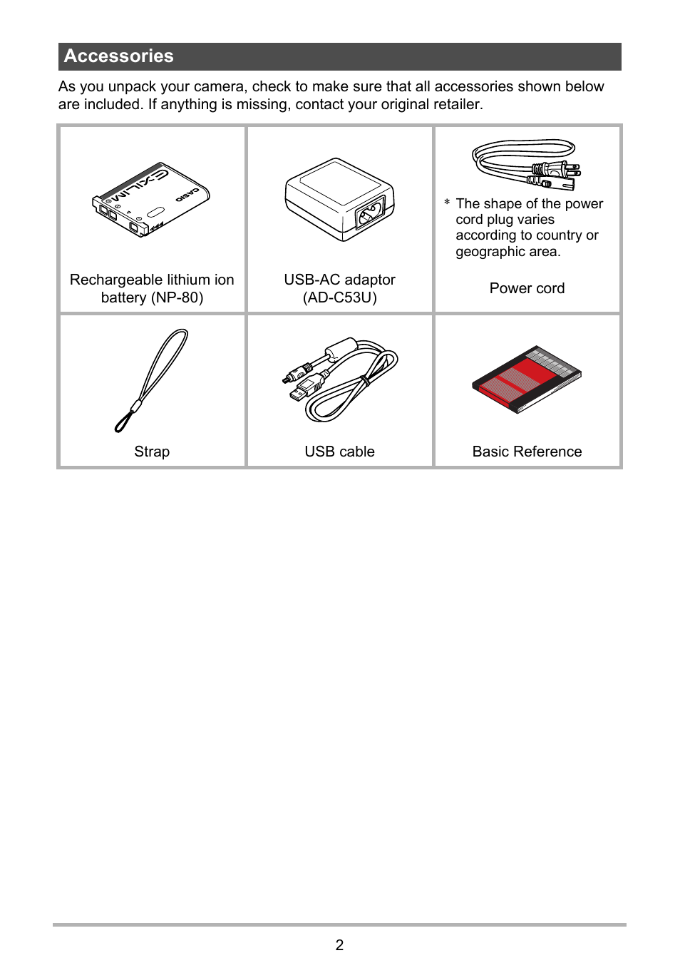 Accessories | Casio QV-R80 User Manual | Page 2 / 94