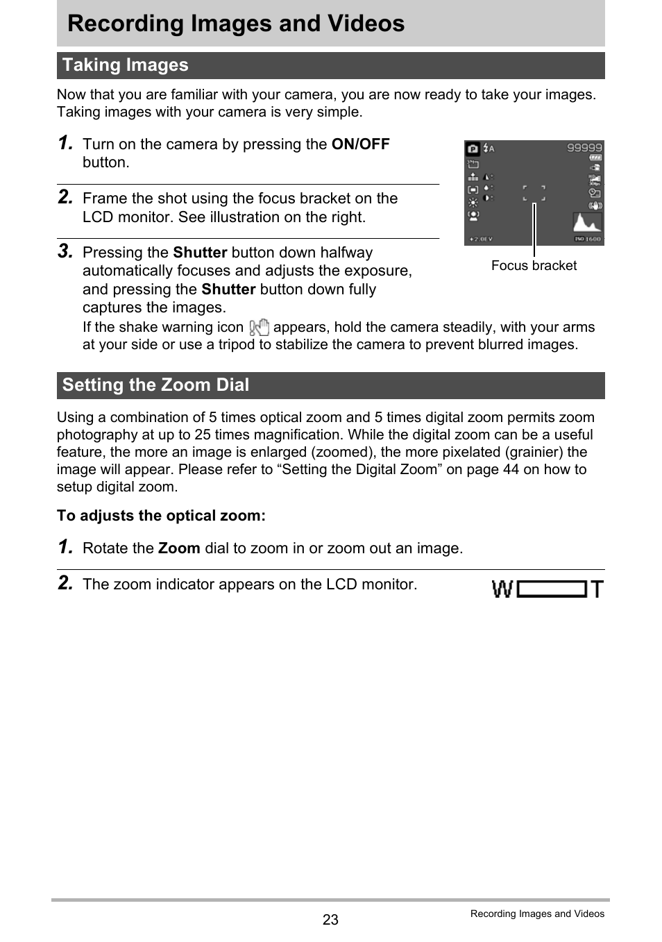 Recording images and videos, Taking images, Setting the zoom dial | Taking images setting the zoom dial | Casio QV-R80 User Manual | Page 23 / 94