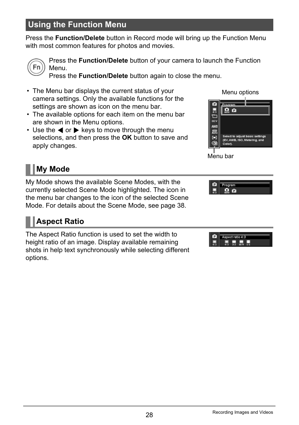 Using the function menu, My mode aspect ratio | Casio QV-R80 User Manual | Page 28 / 94