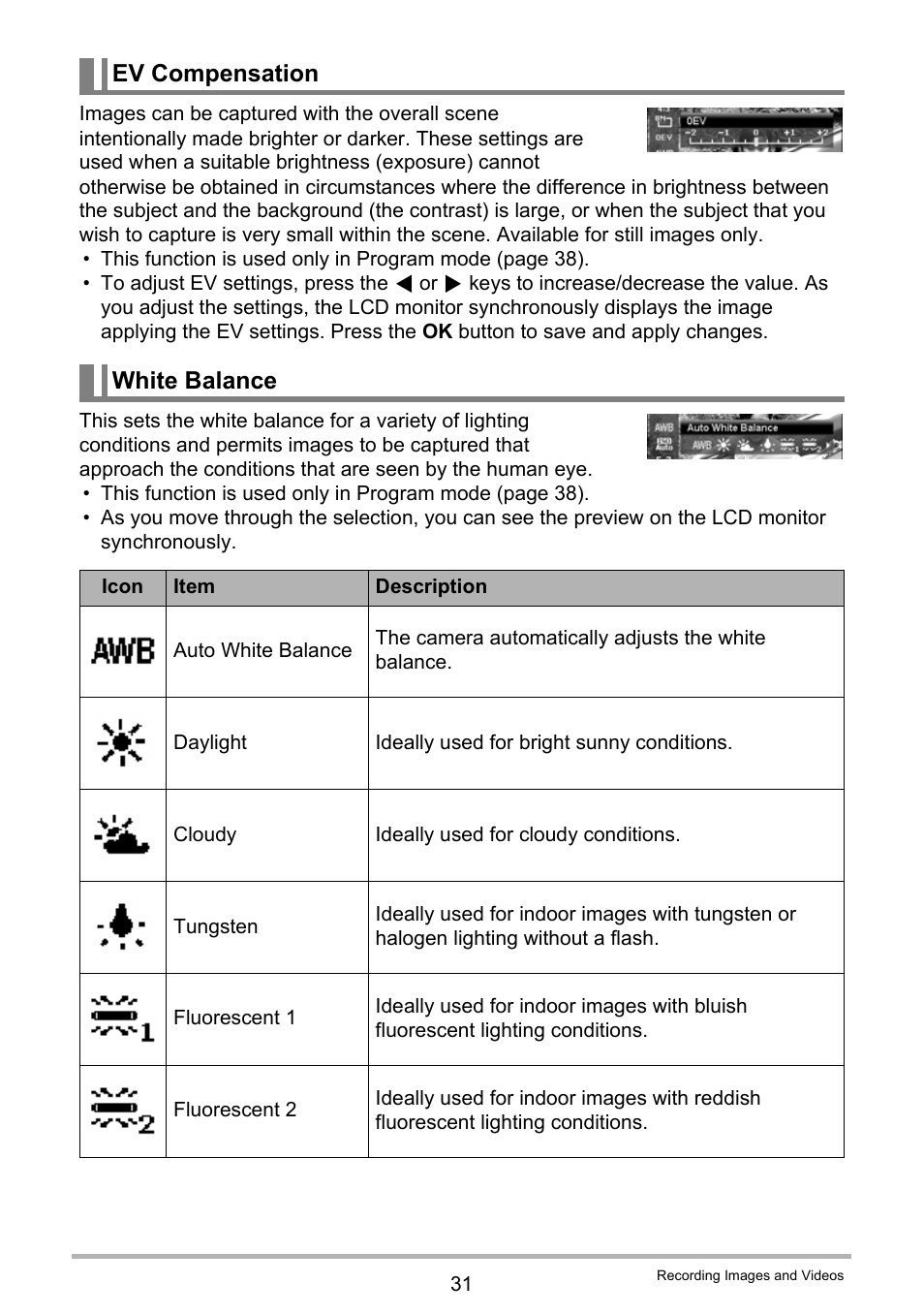 Ev compensation white balance | Casio QV-R80 User Manual | Page 31 / 94