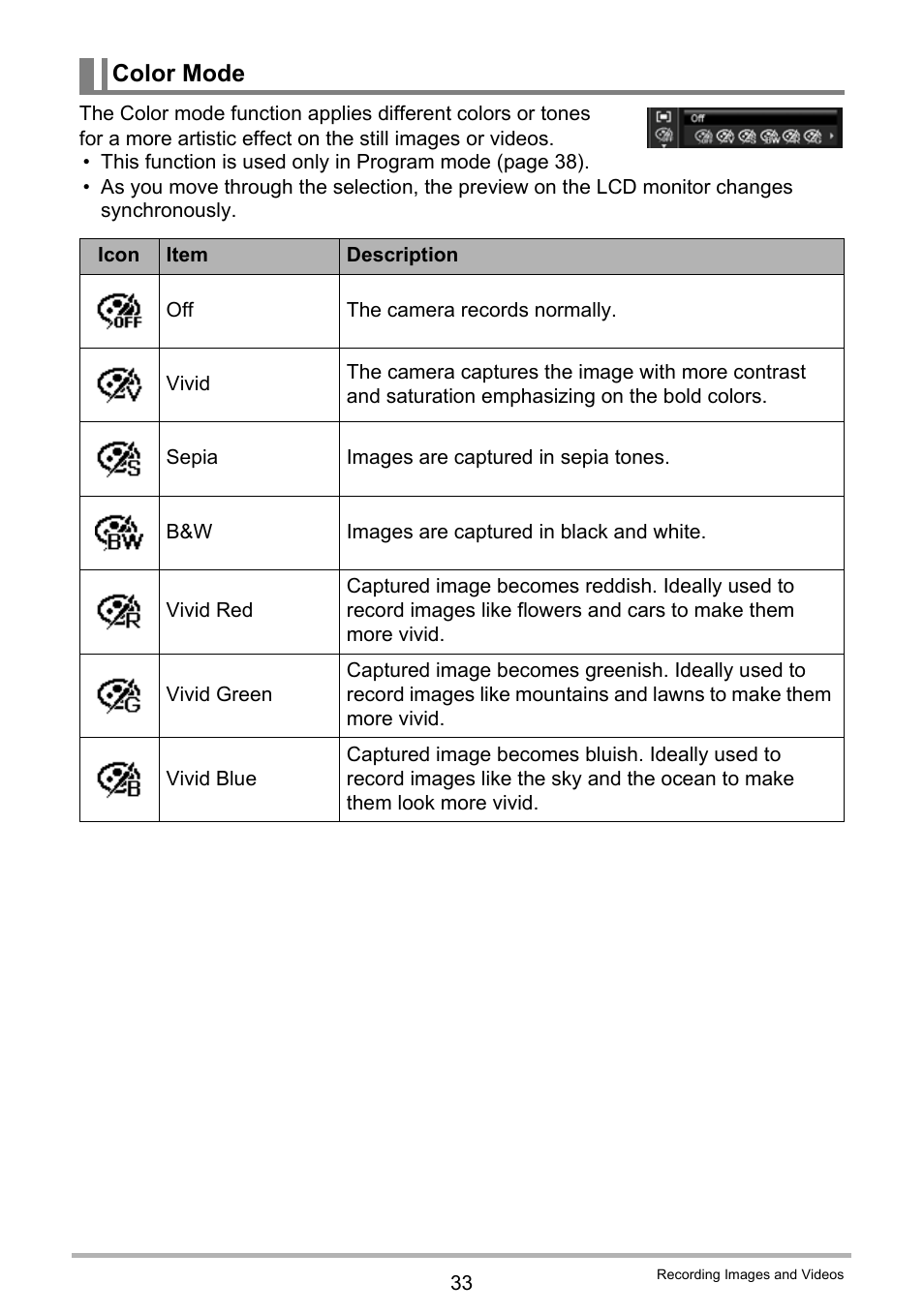 Color mode | Casio QV-R80 User Manual | Page 33 / 94