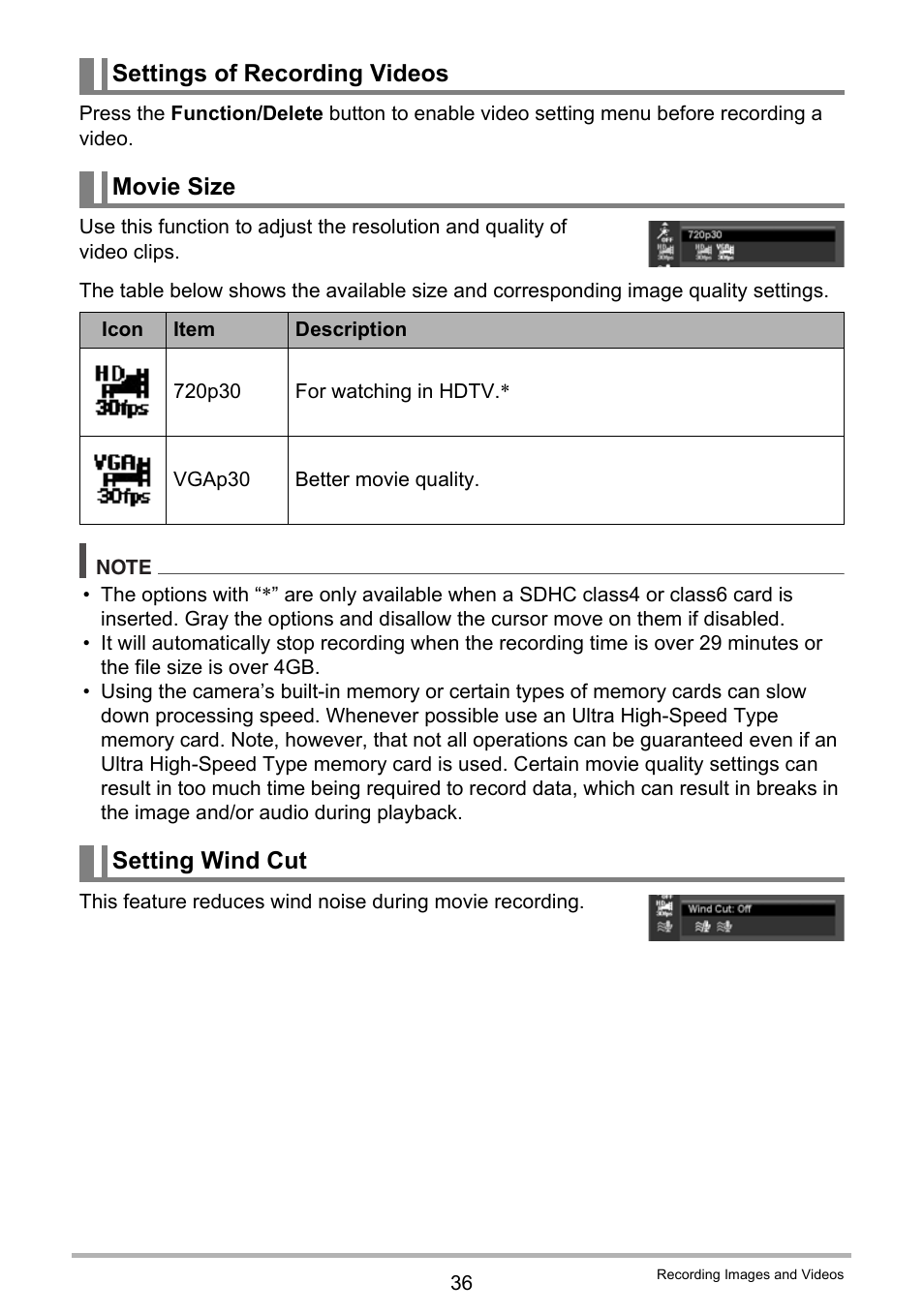 Settings of recording videos movie size, Setting wind cut | Casio QV-R80 User Manual | Page 36 / 94