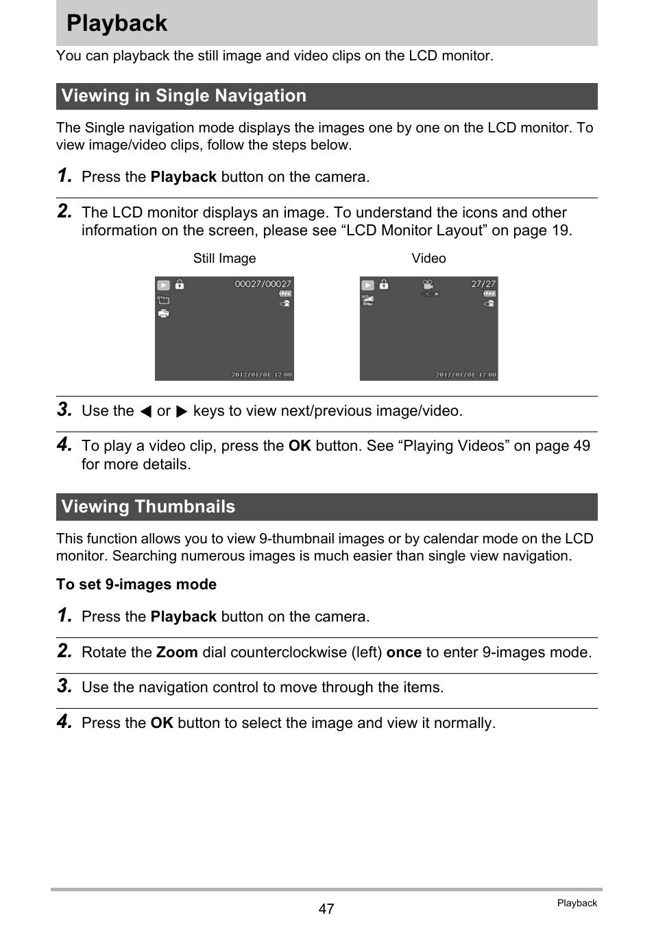 Playback, Viewing in single navigation, Viewing thumbnails | Viewing in single navigation viewing thumbnails | Casio QV-R80 User Manual | Page 47 / 94