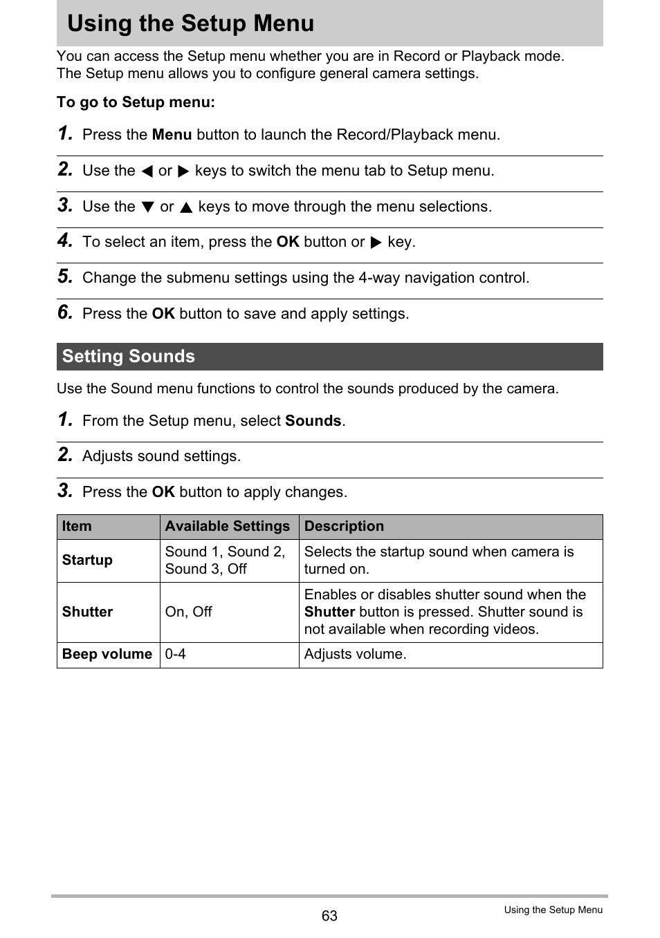 Using the setup menu, Setting sounds | Casio QV-R80 User Manual | Page 63 / 94