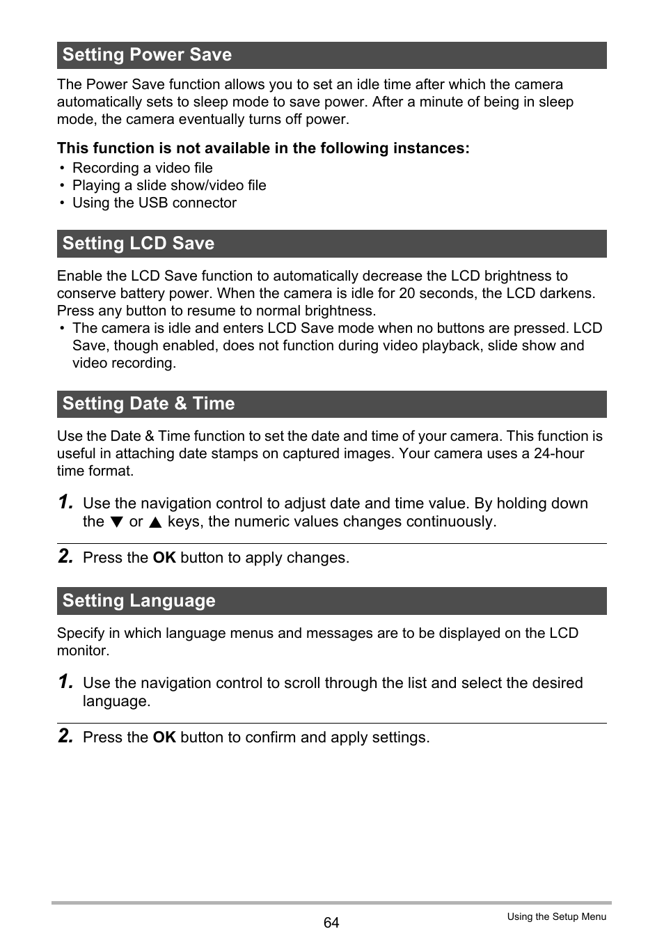 Setting power save, Setting lcd save, Setting date & time | Setting language | Casio QV-R80 User Manual | Page 64 / 94