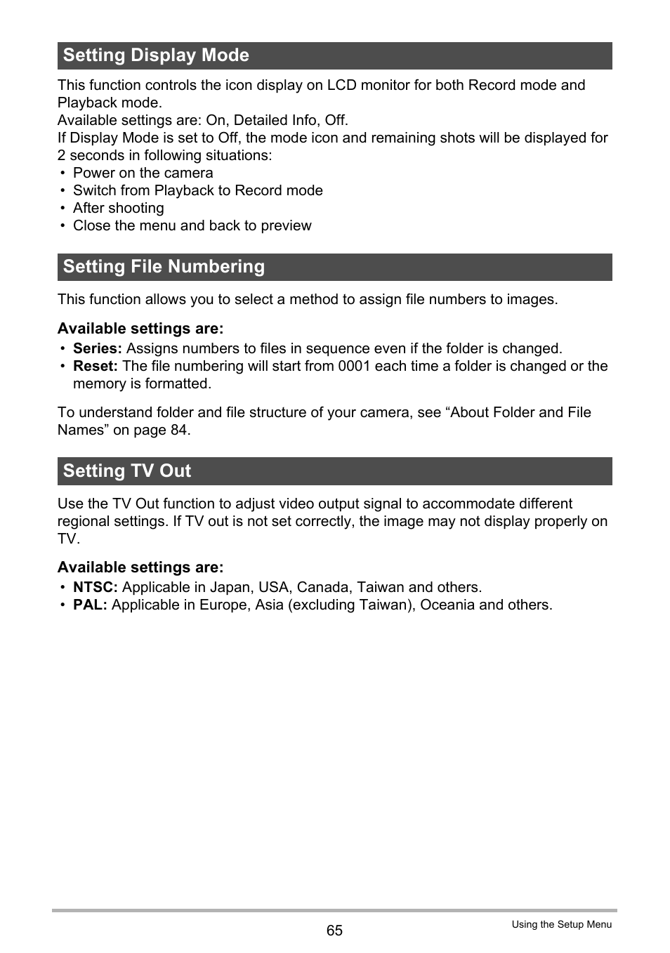 Setting display mode, Setting file numbering, Setting tv out | Casio QV-R80 User Manual | Page 65 / 94