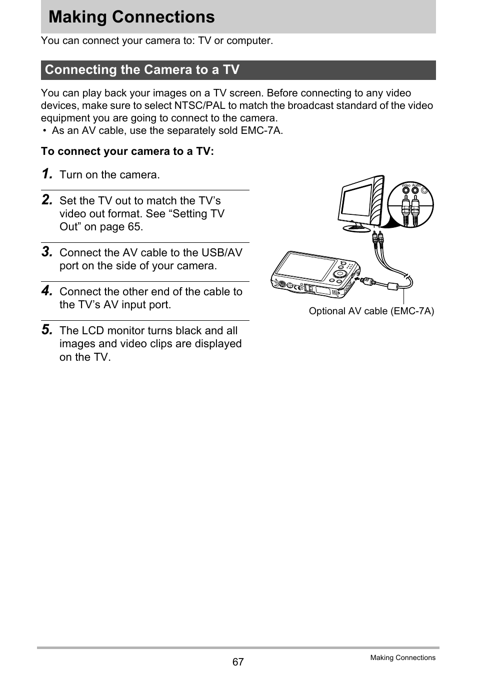 Making connections, Connecting the camera to a tv | Casio QV-R80 User Manual | Page 67 / 94