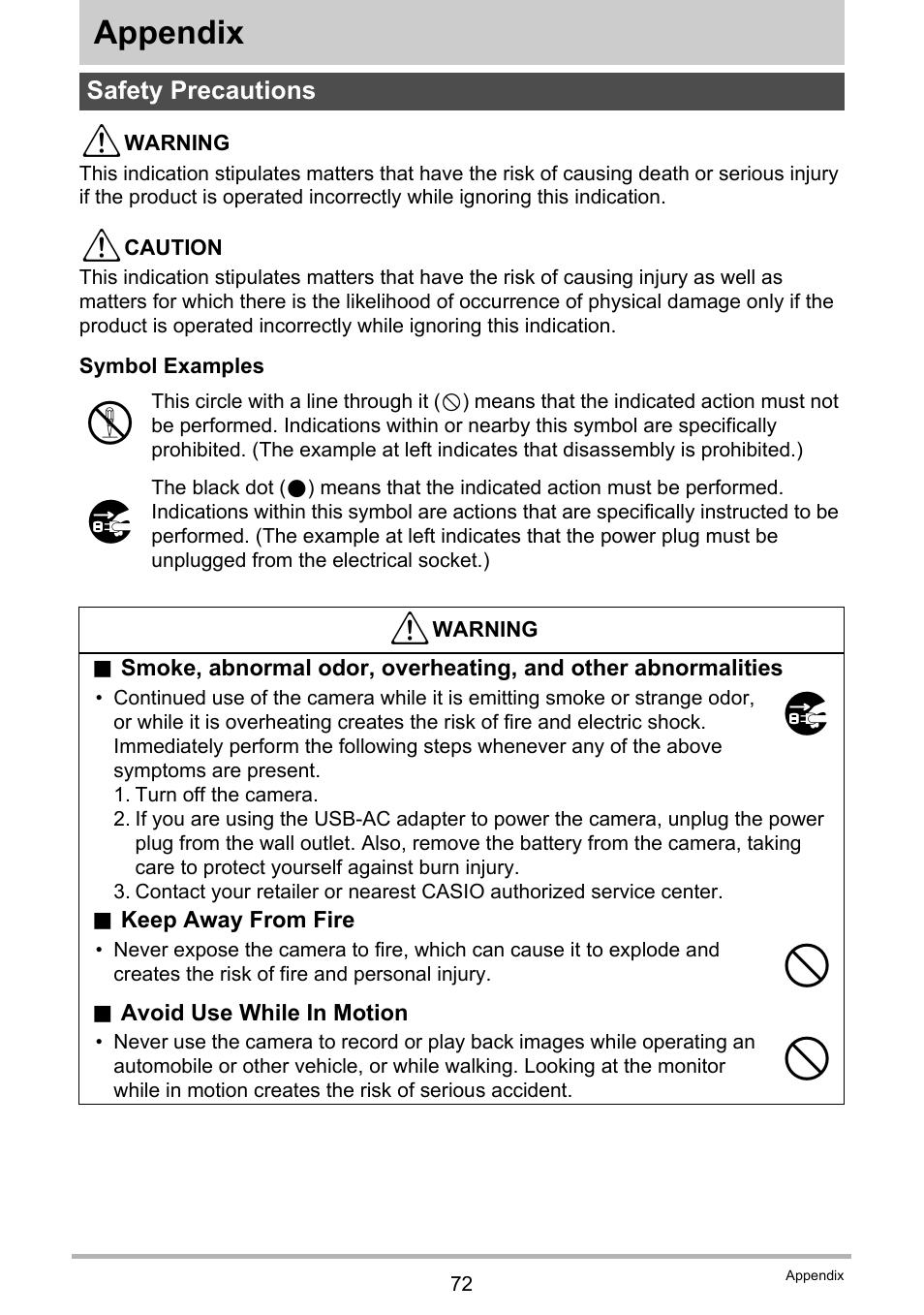 Appendix, Safety precautions | Casio QV-R80 User Manual | Page 72 / 94