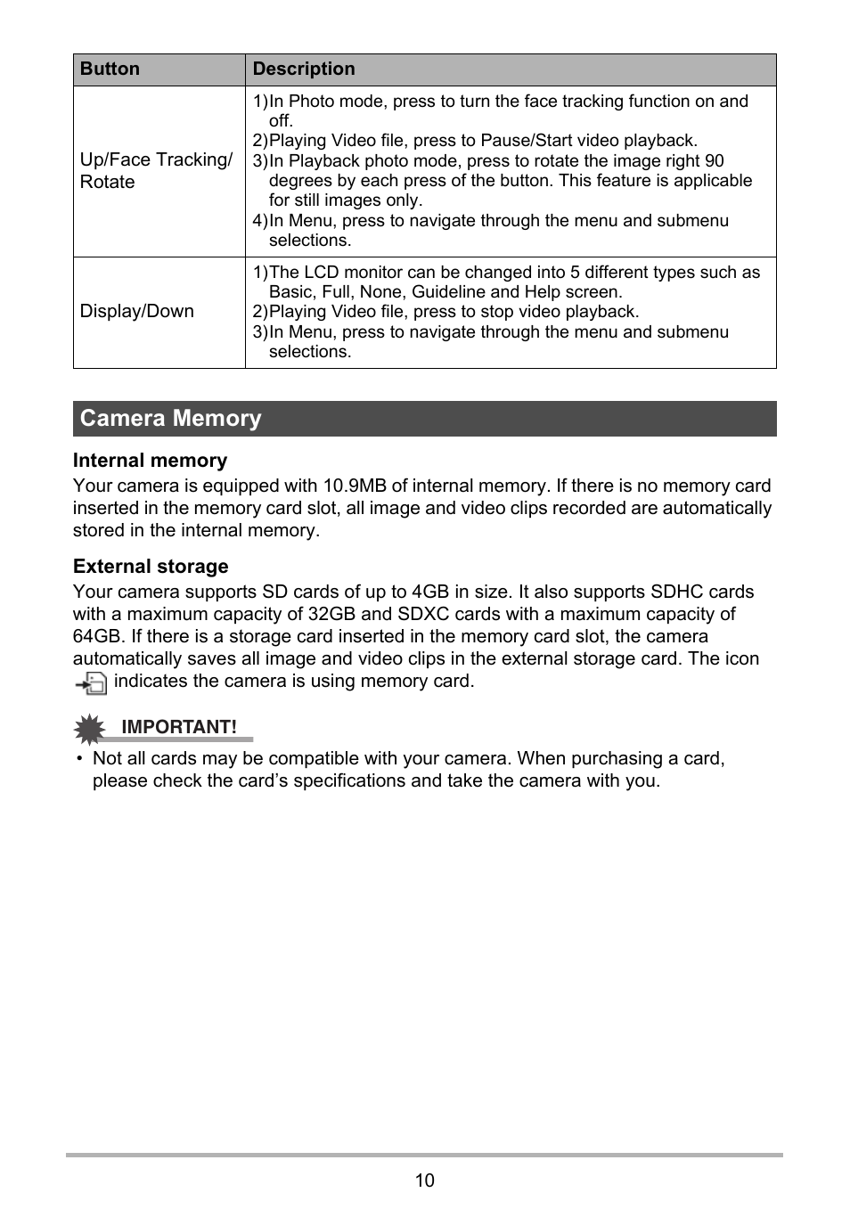 Camera memory | Casio QV-R100 User Manual | Page 10 / 89