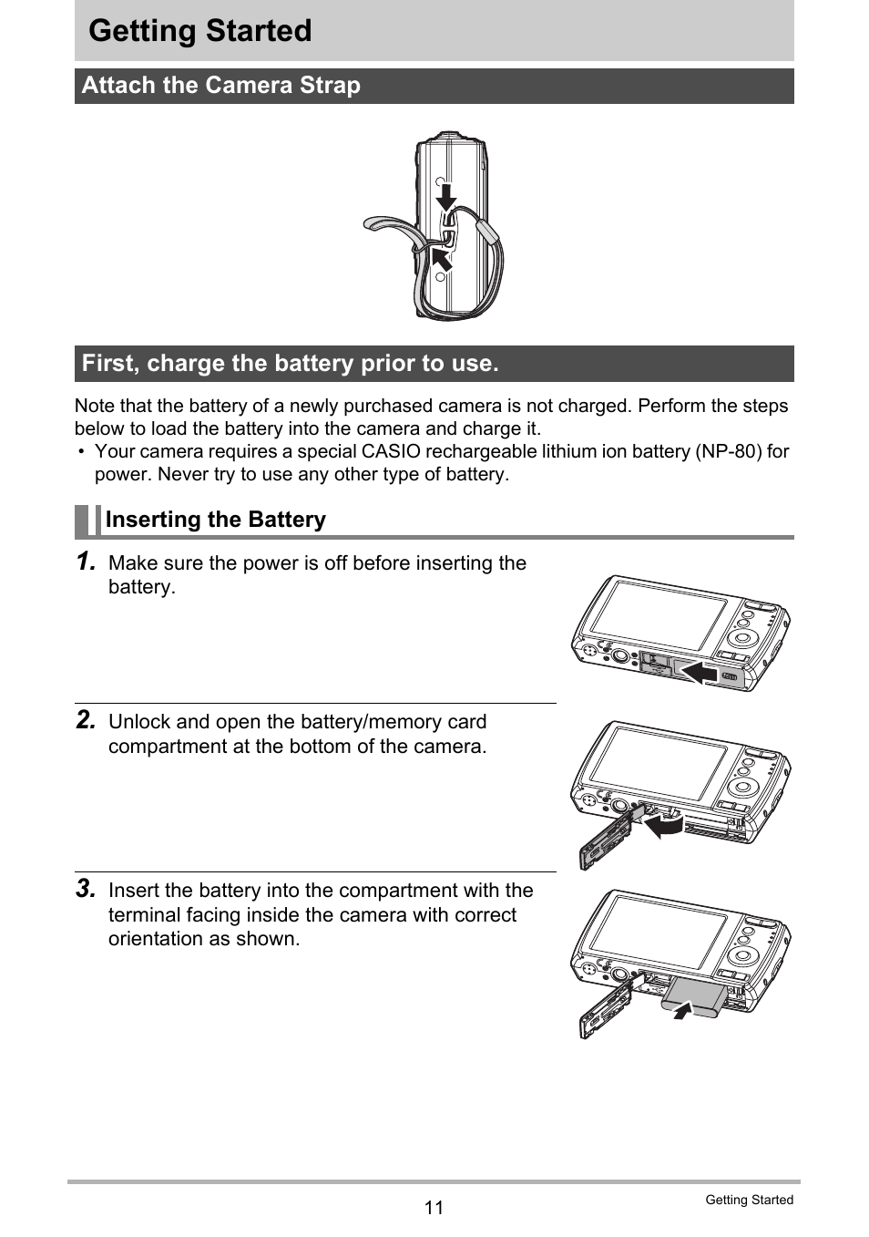 Getting started, Attach the camera strap, First, charge the battery prior to use | Casio QV-R100 User Manual | Page 11 / 89