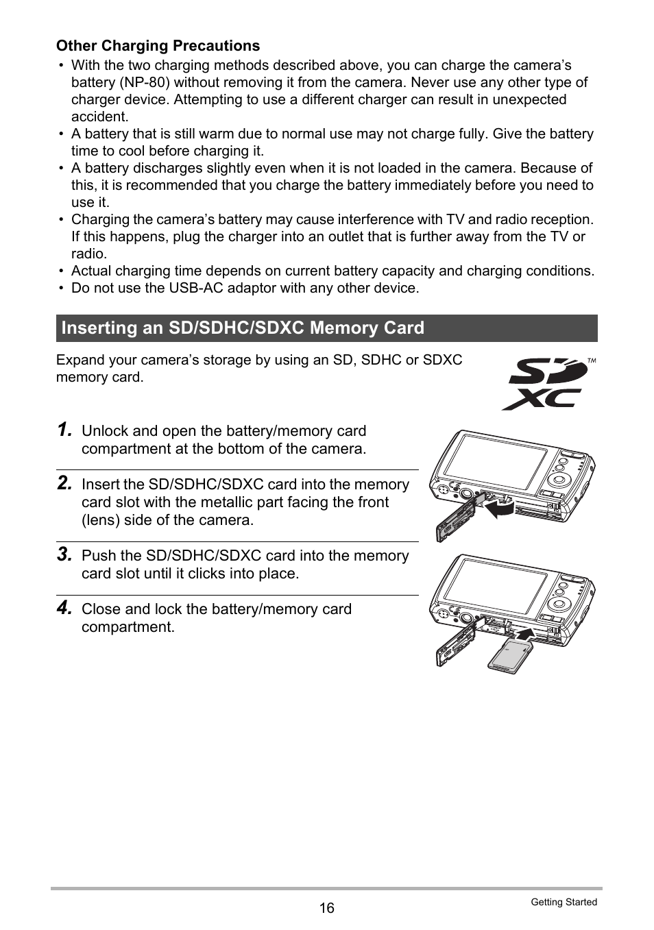 Inserting an sd/sdhc/sdxc memory card | Casio QV-R100 User Manual | Page 16 / 89