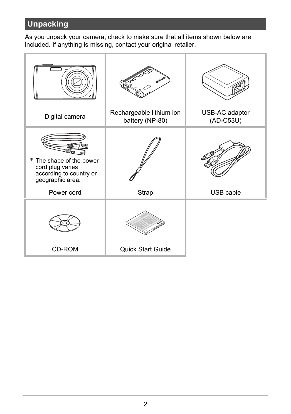 Unpacking | Casio QV-R100 User Manual | Page 2 / 89