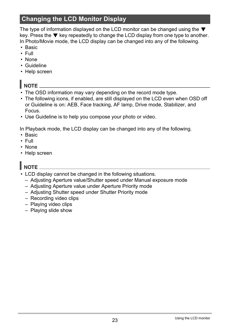 Changing the lcd monitor display | Casio QV-R100 User Manual | Page 23 / 89