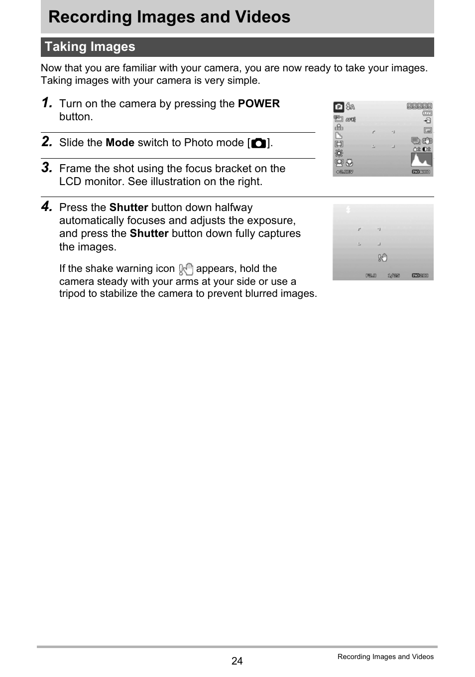 Recording images and videos, Taking images | Casio QV-R100 User Manual | Page 24 / 89