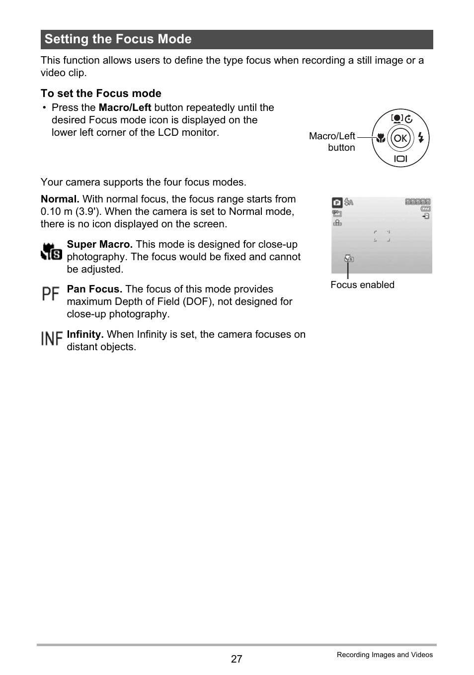 Setting the focus mode | Casio QV-R100 User Manual | Page 27 / 89