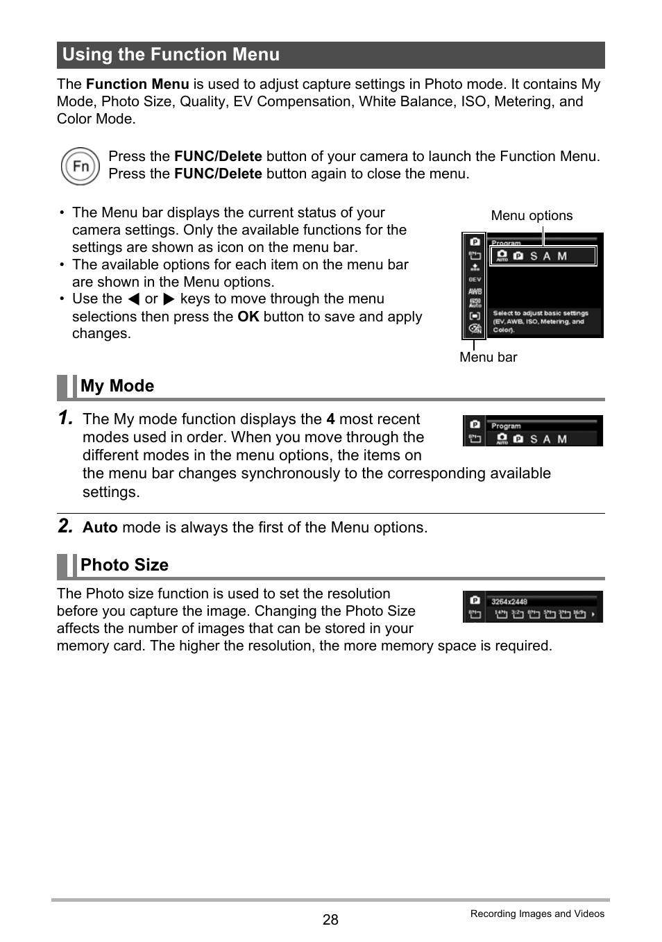 Using the function menu | Casio QV-R100 User Manual | Page 28 / 89