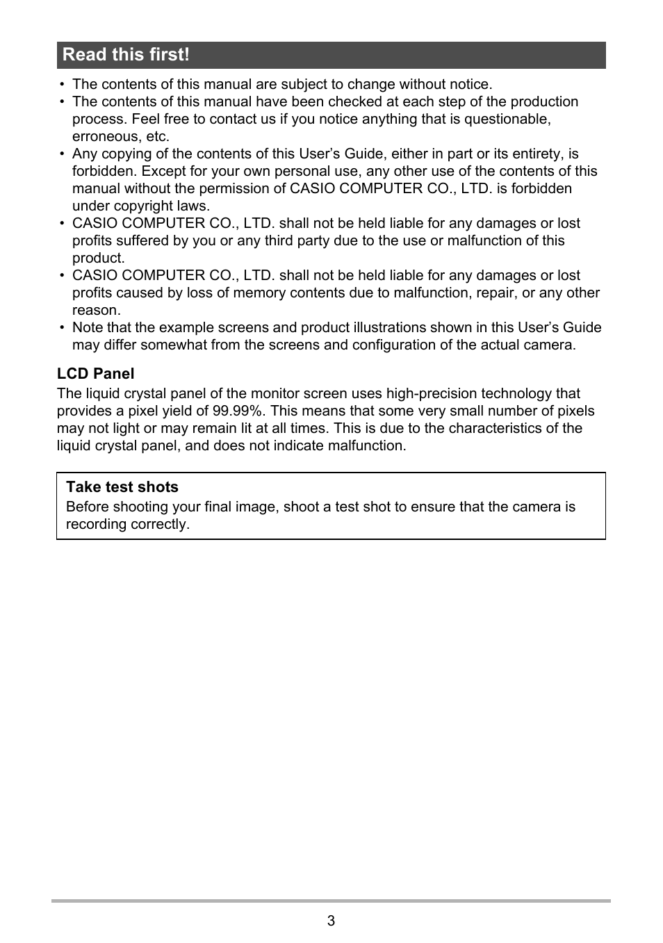 Read this first | Casio QV-R100 User Manual | Page 3 / 89